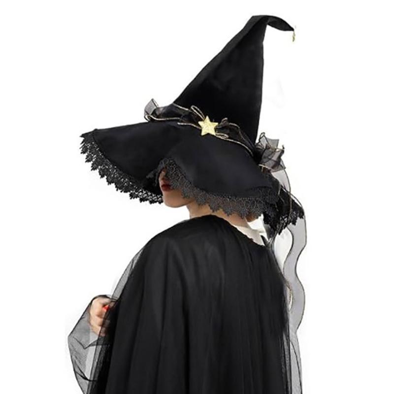 Black Soft Finish Witch Hat for Adults with Star Accent Ribbon Trim and Flared Edge Costume Look for Halloween Parties and Photo Fun