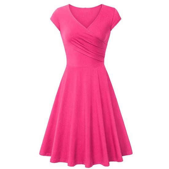 Fashion Women Solid Color V Neck Short Sleeve Plated Swing Party Banquet Dress
