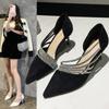 2025 summer new Korean version of fashion rhinestone hollow thin heel pointed head shallow mouth one pedal high heel sandals women's single shoes