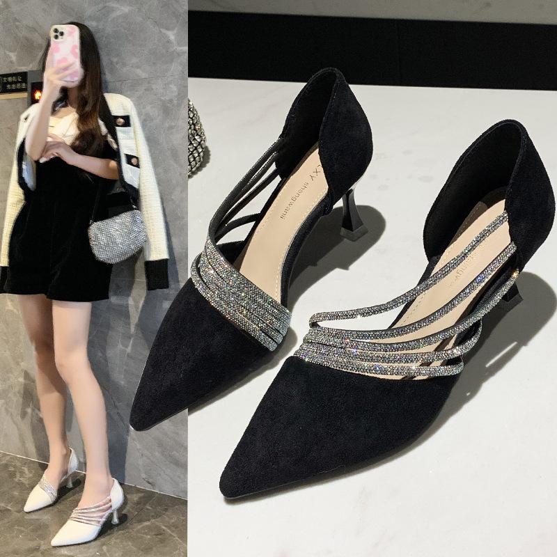 2025 summer new Korean version of fashion rhinestone hollow thin heel pointed head shallow mouth one pedal high heel sandals women's single shoes