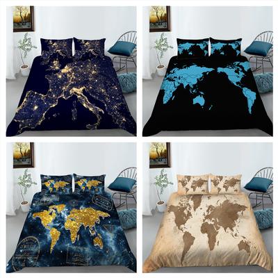 3D Luxury Map Bedding Personalized Pattern Quilt Cover Pillowcase 2 or 3 Pieces of Microfiber Fabric Comfortable and Soft Home Decoration