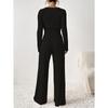 Women's Fashion Knitted Ribbed Wide-Leg Pants and Round Neck Long-Sleeve Top Suit