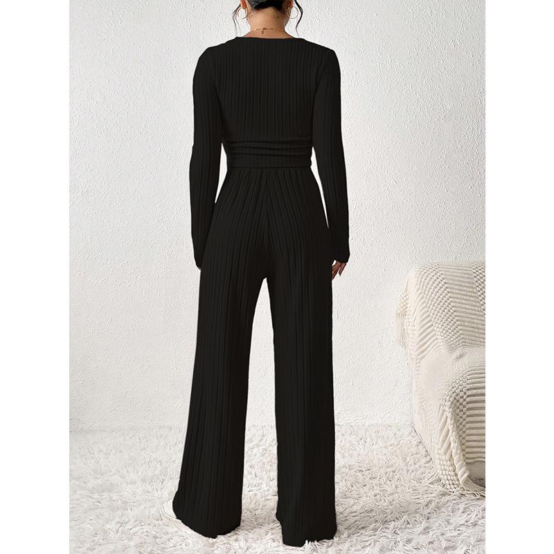 Women's Fashion Knitted Ribbed Wide-Leg Pants and Round Neck Long-Sleeve Top Suit