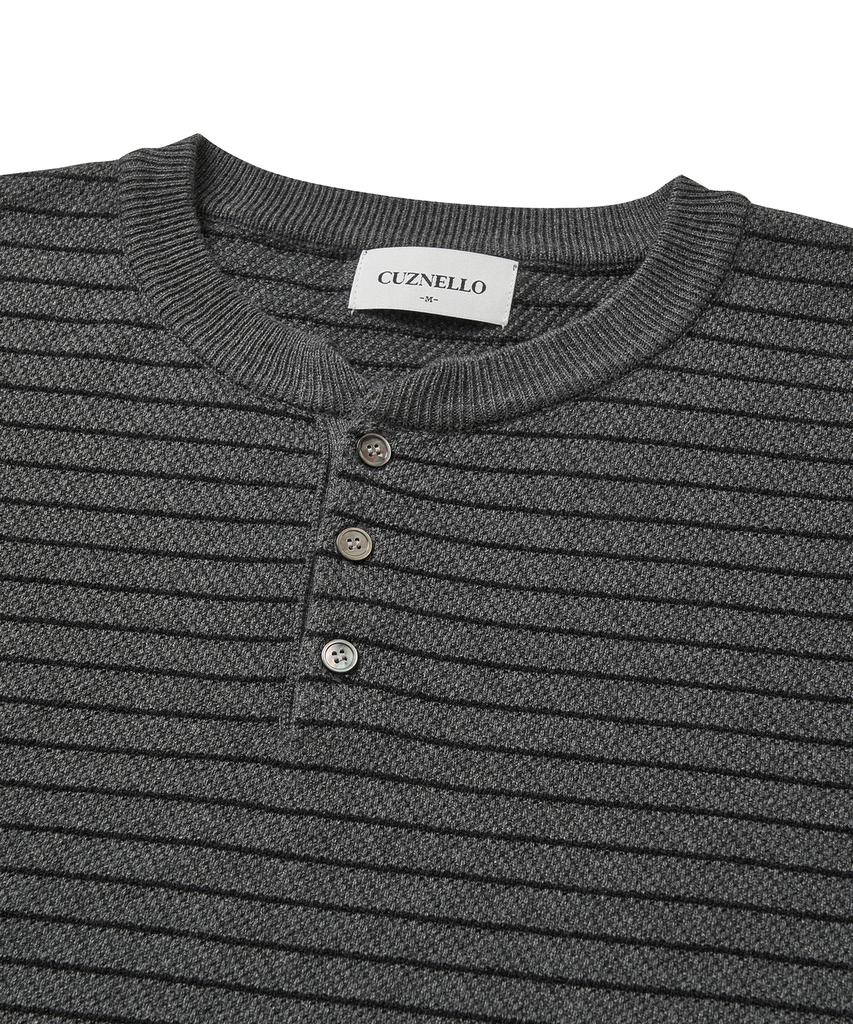 CUZNELLO Cool Cotton Striped Henley Neck Short Sleeve Knit_Charcoal