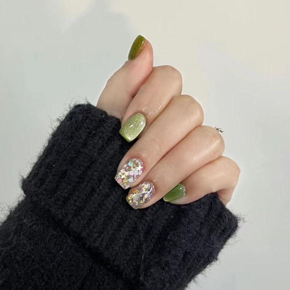 24PCS Short Fake Nails Cat Eye Artficial Nails Reusable False Nails  DIY Manicure Art