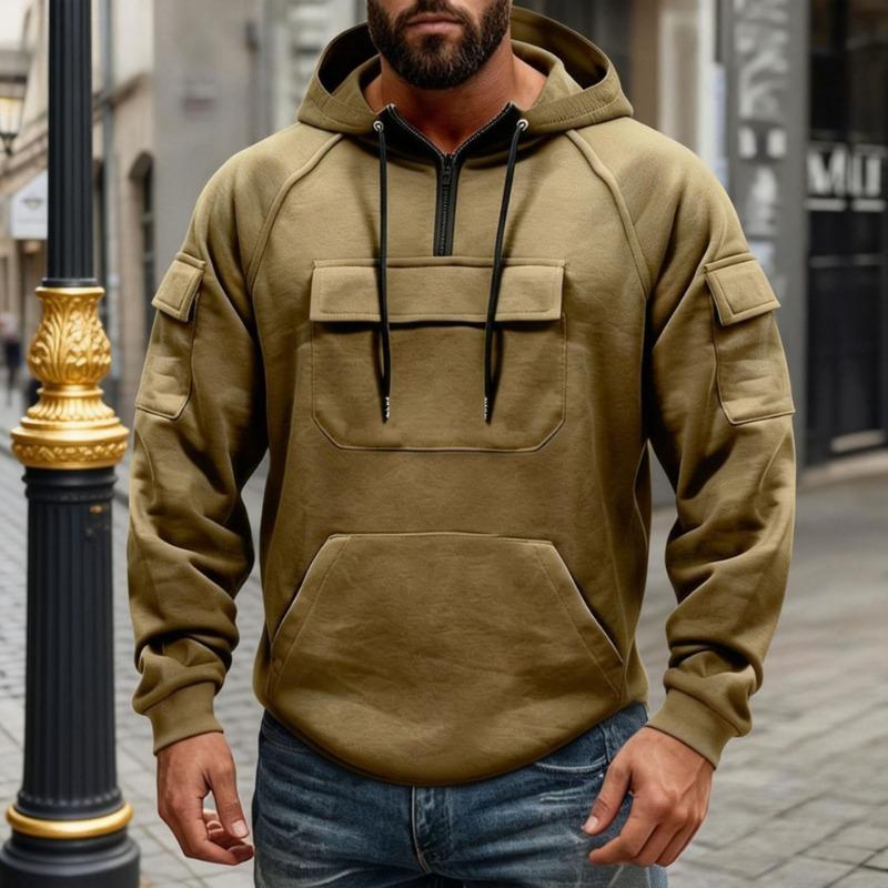 Men Half Zip Hooded Multi Pocket Cargo Sweatshirt