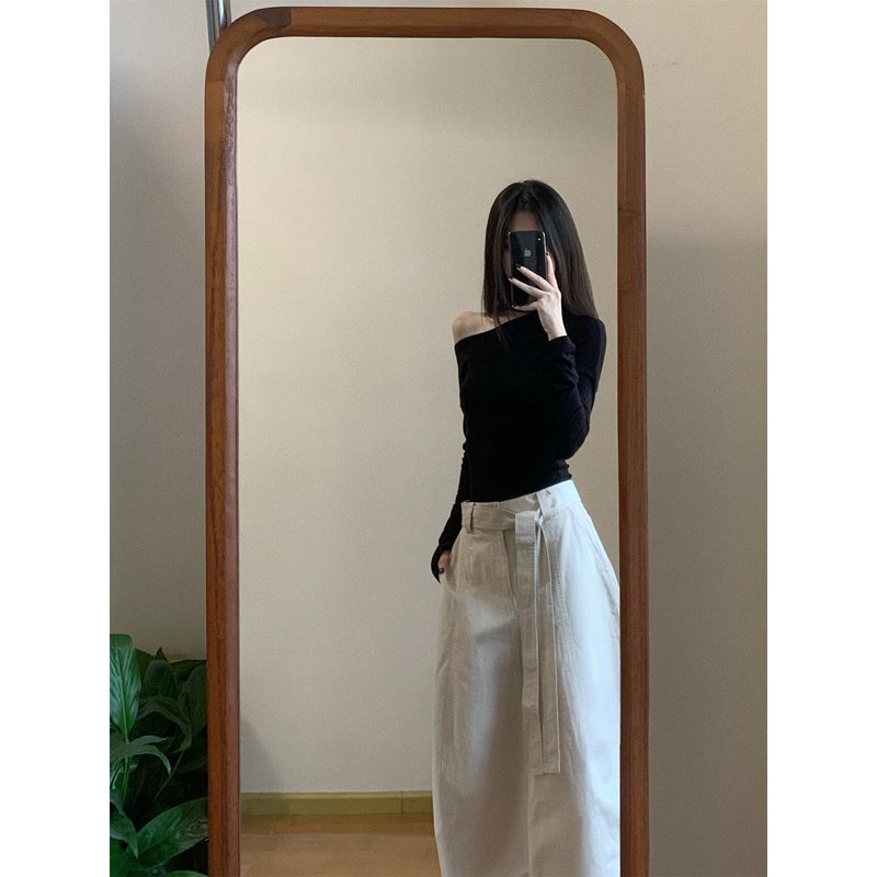 

Kumikumi Fashion Set Ribbon Slim fit Long sleeves Shirt Women Autumn High Waist Skirt Flower Bud Skirt Two-piece Set Top One size