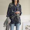 Damen Blumenprint Hemd Stehkragen 3/4 Ärmel Knopfleiste Locker Tunika Top