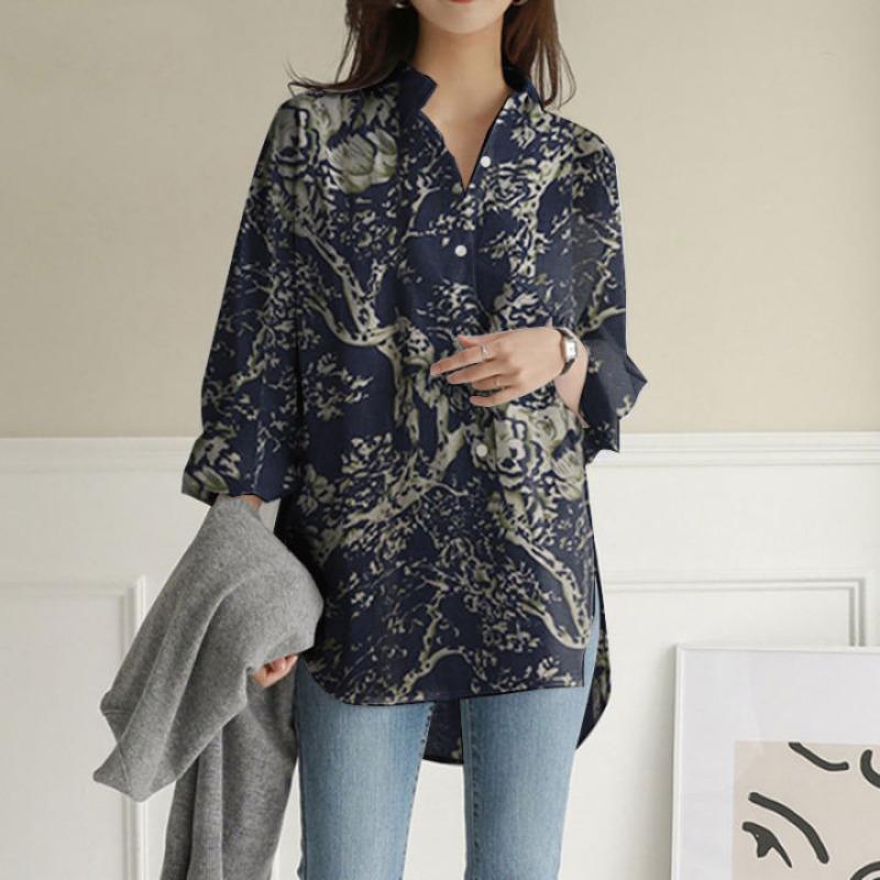 Damen Blumenprint Hemd Stehkragen 3/4 Ärmel Knopfleiste Locker Tunika Top