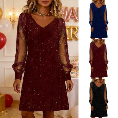 Damen Funkelndes Netz Langarm Minikleid Glitzer V-Ausschnitt Bankett Cocktailparty Kleid Ausgehen Club Nachtausflüge Outfits