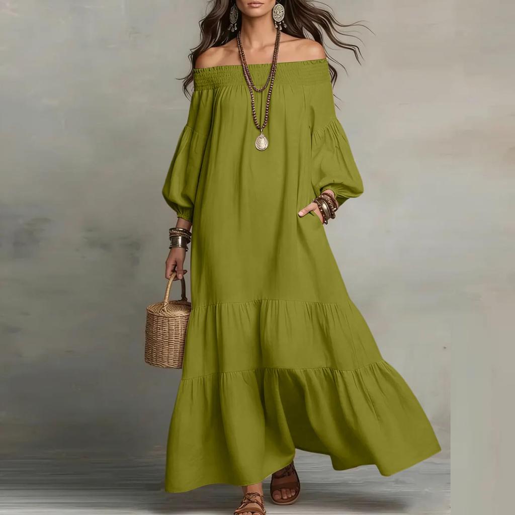 Women Off Shoulder Maxi Dress Loose Fit Tiered Bohemian Style Lightweight Dress with Puffy Sleeves and Layered Design