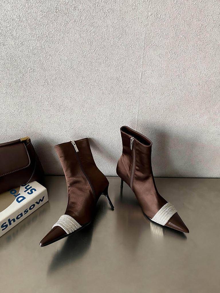 fashion Silk Women Ankle Boots Pointed Toe Winter Boots Woman Thin High Heels Back Zipper Rhinestone Chain Autumn Spring Boots Woman 40