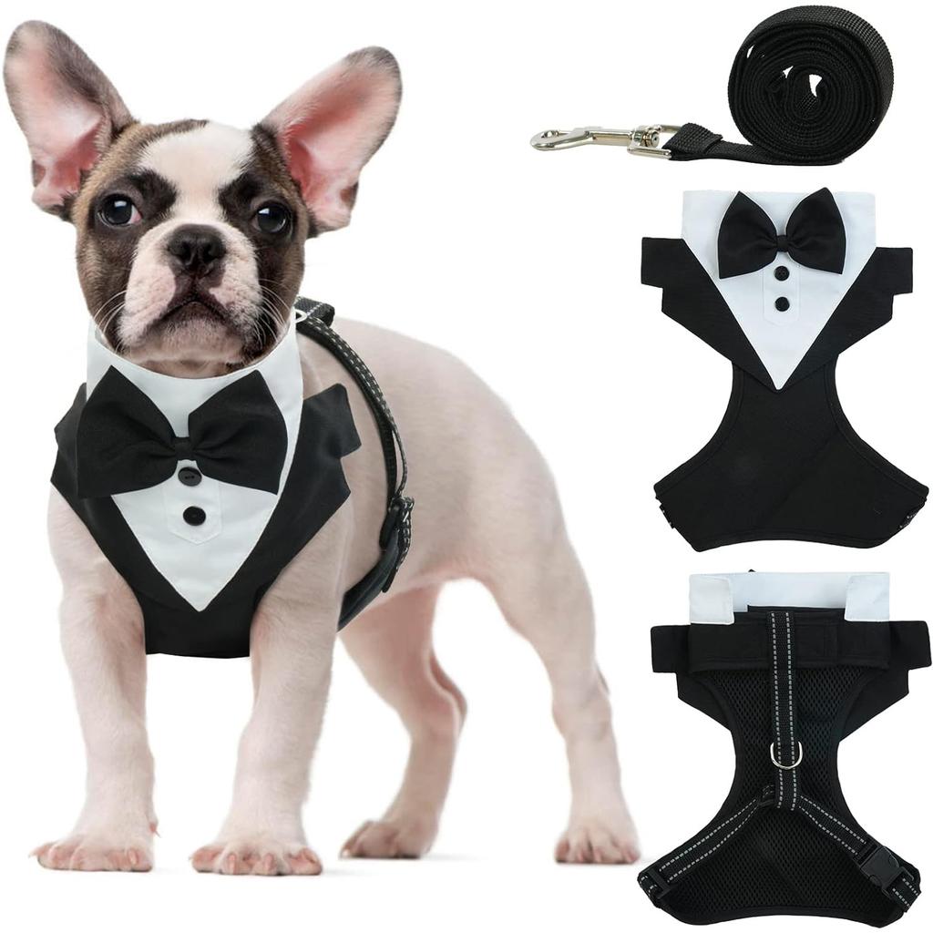 Dog Harness, Dog Christmas Vest with No Pull Dog Leash, Formal Puppy Harness with Bow Tie for Wedding