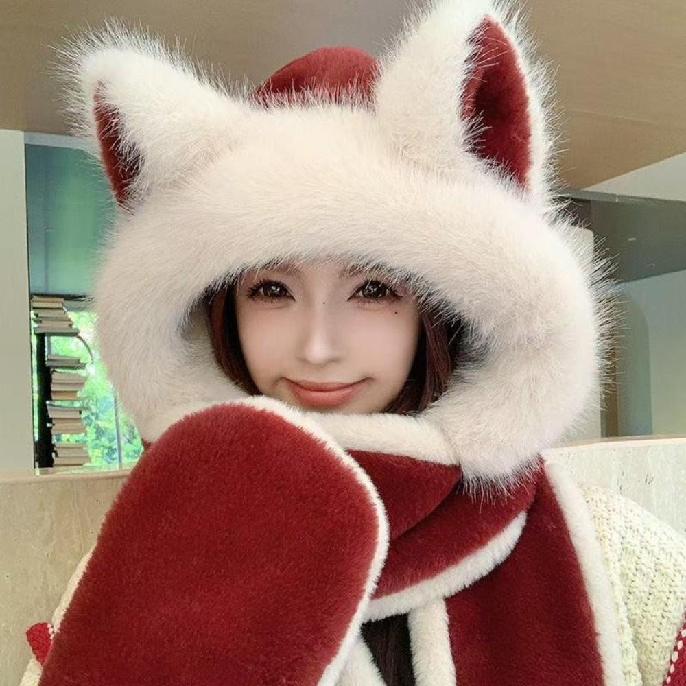 Keep Warm Fox Ear Hat Scarf Gloves Windproof Winter Plush Scarf NEW Scarf Gloves Autumn Winter