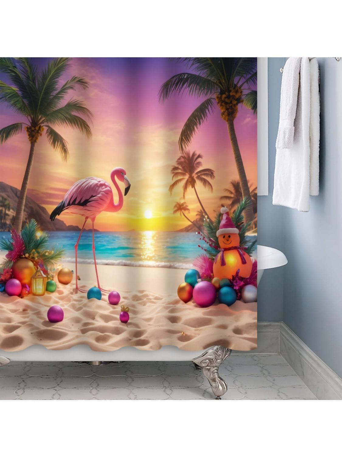 

Christmas Shower Curtain Snowman Flamingo Palm Bathroom Curtain Beach Summer Xmas Hawaiian Luau Shower Curtain Sets Bathroom W60H190(CM)-1 Pcs