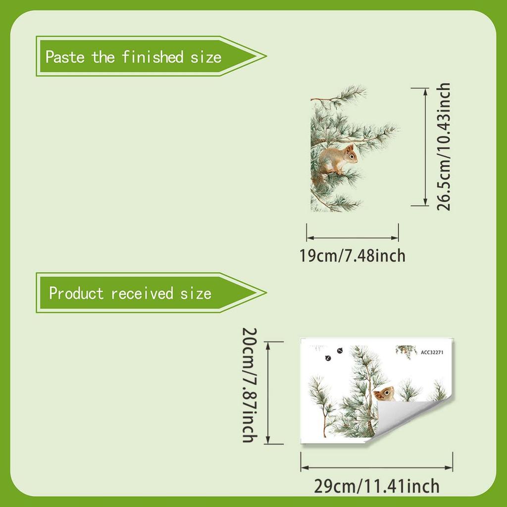 Fresh Breeze Pine Branches Squirrel Window Sticker with Natural Elements Self-adhesive Paper