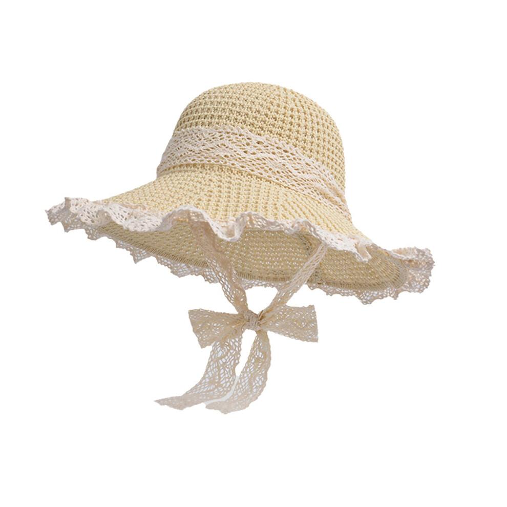 (One Size, Beige) Women Summer Straw Hat Bucket Cap Lace Patchwork Bucket Hats UV Protection Beach Holiday Sun Hat