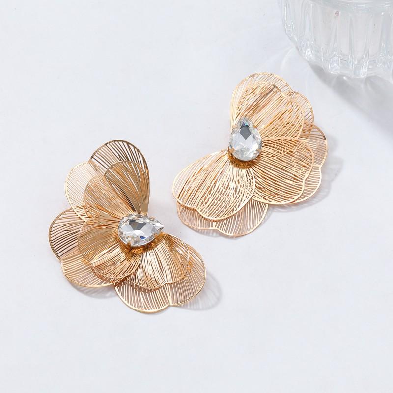 Gold Floral Stud Earrings With Rhinestone Accents Hollow Out Design Women Fashion Jewelry