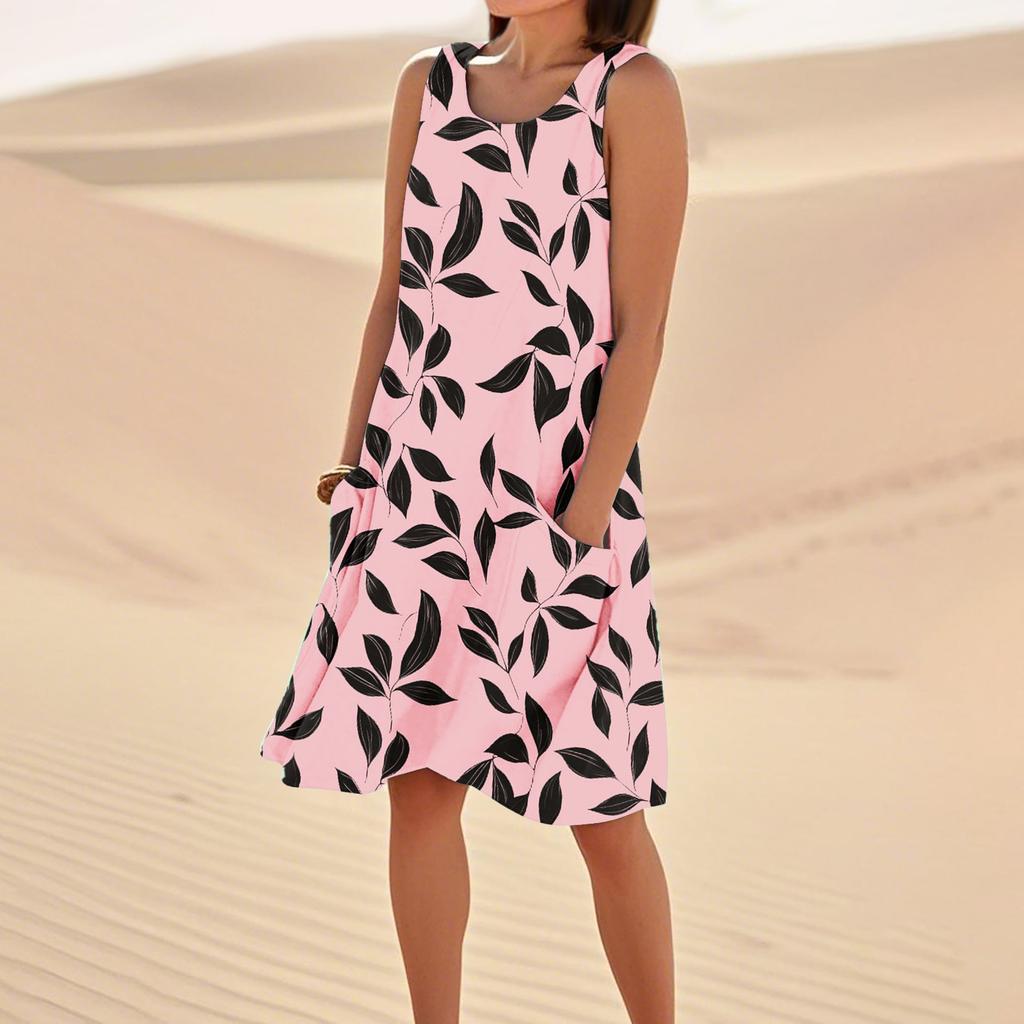 Women's Casual Summer Floral Print Sleeveless Pocket Dress