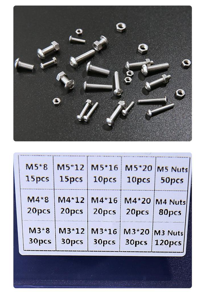 Stainless Steel 304 Round Head Hex Socket Screw & Nut Combo - 500pcs (M3, M4, M5)