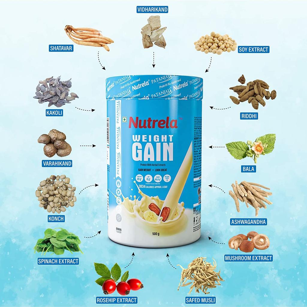 Nutrela Weight Gainer 500 G Banana Flavour High Calorie Mass Gainer Powder With Vitamins Minerals For Men Women Kids