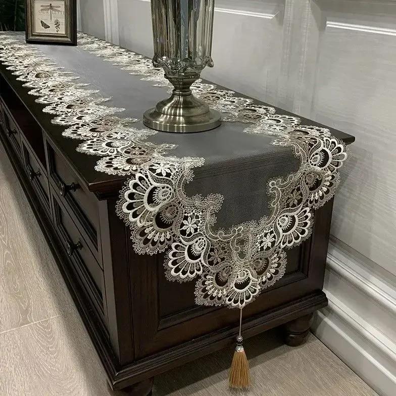 Tv Cabinet Lace Tablecloth  Embroidered Tassel Dining Table Flag Shoe Cabinet Long Striptransparent Yarn Dust Cover Cloth