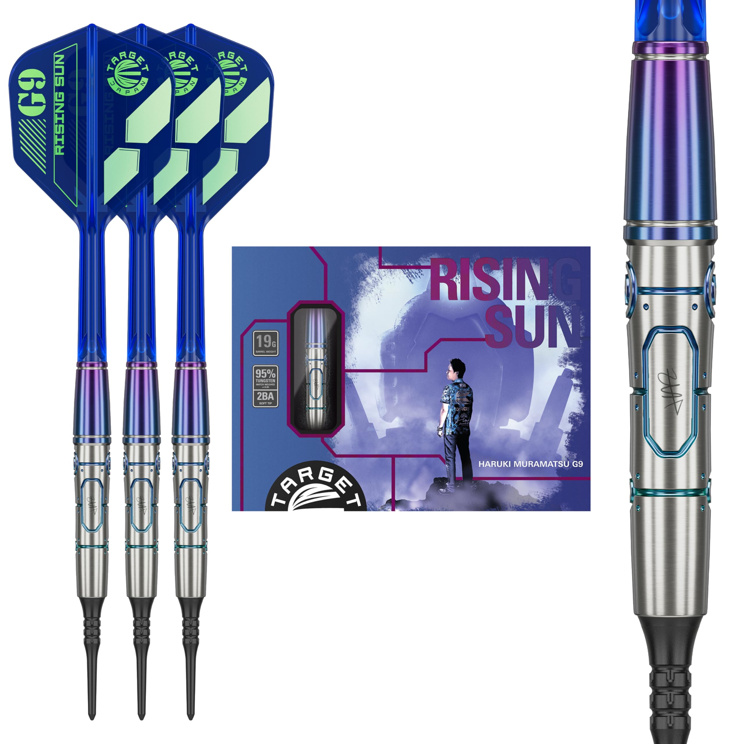 

Target Japan Rising Sun G9 No Groove Haruki Muramatsu Tungsten 2BA Soft Tip Dart 6 Shape Flights and 2BA Black Pixel Tip Sun No 95% K-Flex Set, 19g, синий