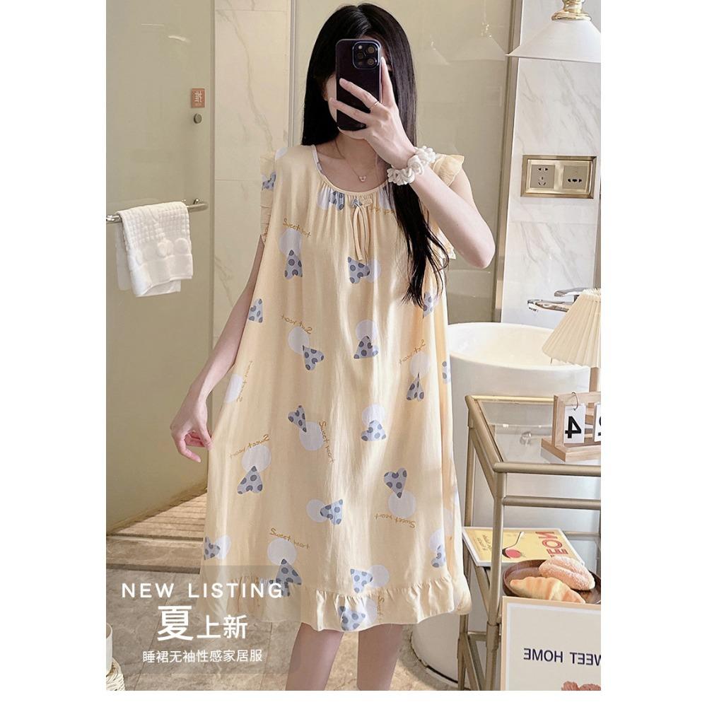 Cotton and Silk Nightgown Women's Spring, Summer and Autumn Casual Short-sleeved Large-size Printed Pajamas Summer Thin High-end Sensitive Cotton Whol