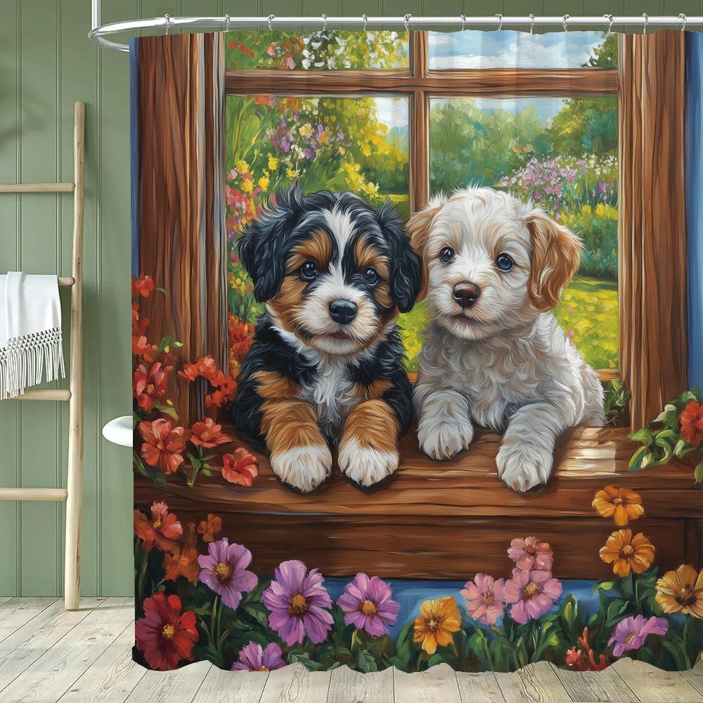 1 piece Cartoon Cat Shower Curtain, Cute Cat and Dog Bathroom Decorative Curtain, Home Printed Polyester Curtain with Hooks