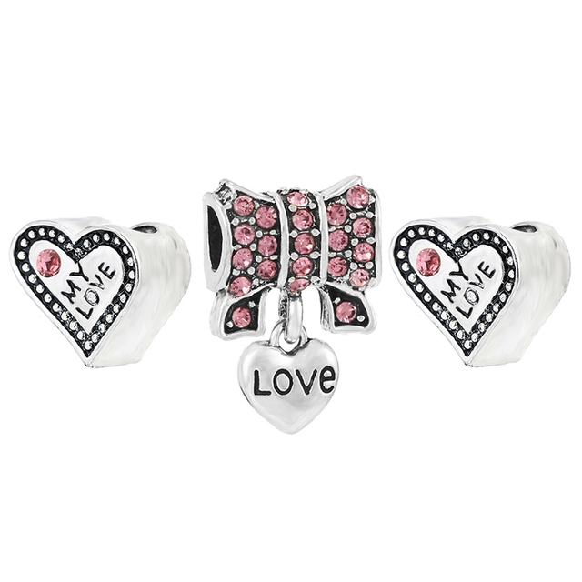 3pcs /Lot Pink Love Heart Beads Enamel Mom Pendant Fit Diy Brand Charm Bracelets Necklaces For Women Mother Jewelry Making