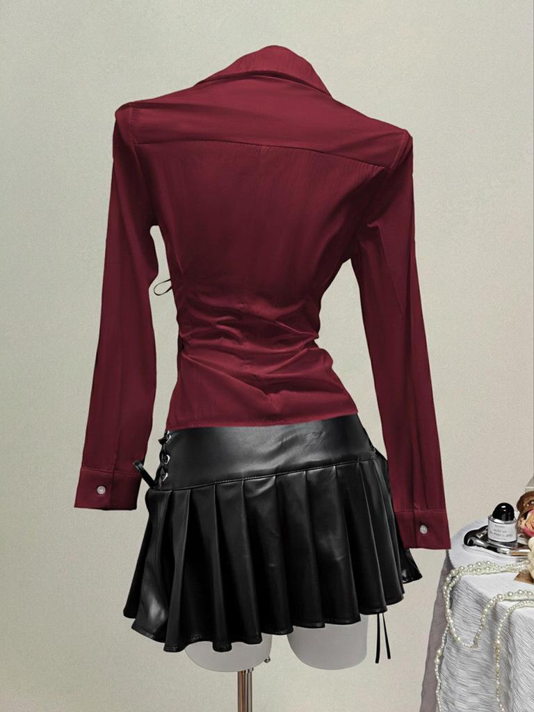 In Stock - European & American Casual Waist-Cinching Solid Color Women's Shirt