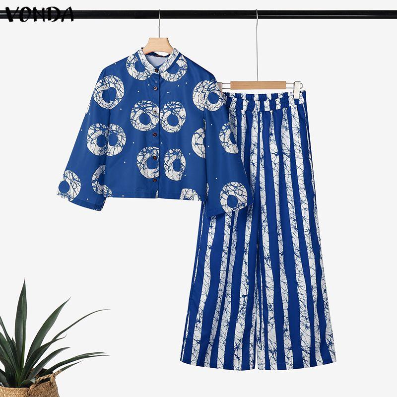 

VONDA 2PCS Women Stand Neck Long Sleeve Print Cropped Blouse and Pants Casual Two Piece Suit Sets 4XL синий