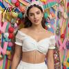 Oktoberfest Kostüm Shirt Damen Cropped Top mit Spitzenärmel Raffung V-Ausschnitt Deutsche Dirndl Bluse Bluse Schulterfrei Bayerische Feier Party