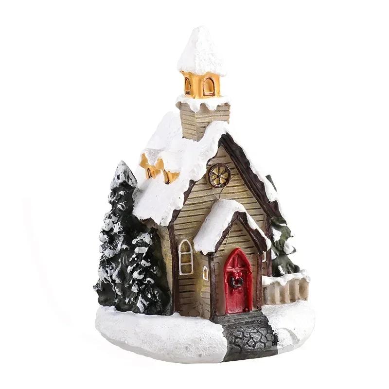 Christmas Decoration Resin Miniature House LED Light Mini Building Living Room Festive Display Small Ornaments Xmas Gift