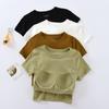 Women's Short-Sleeve Cotton Crop Top with Chest Pads, Round Neck, Summer Wear