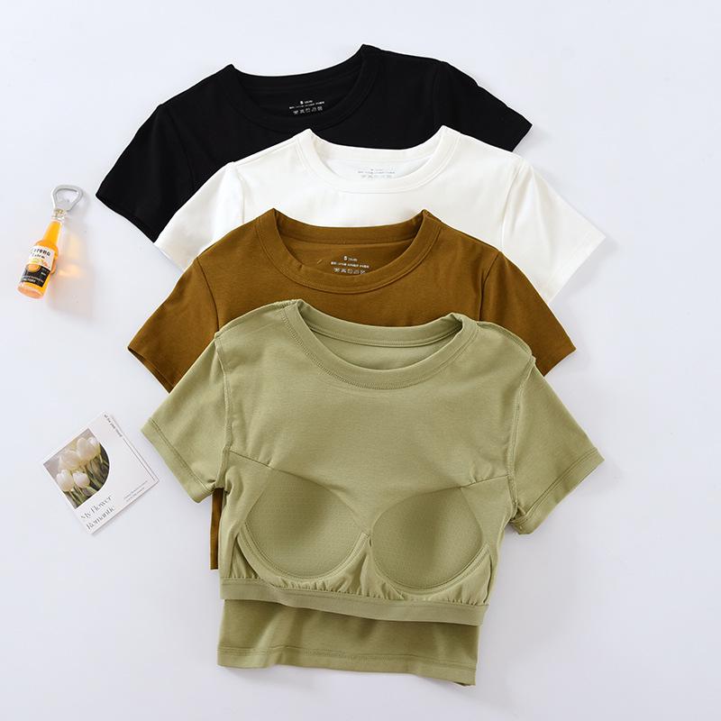Women's Short-Sleeve Cotton Crop Top with Chest Pads, Round Neck, Summer Wear