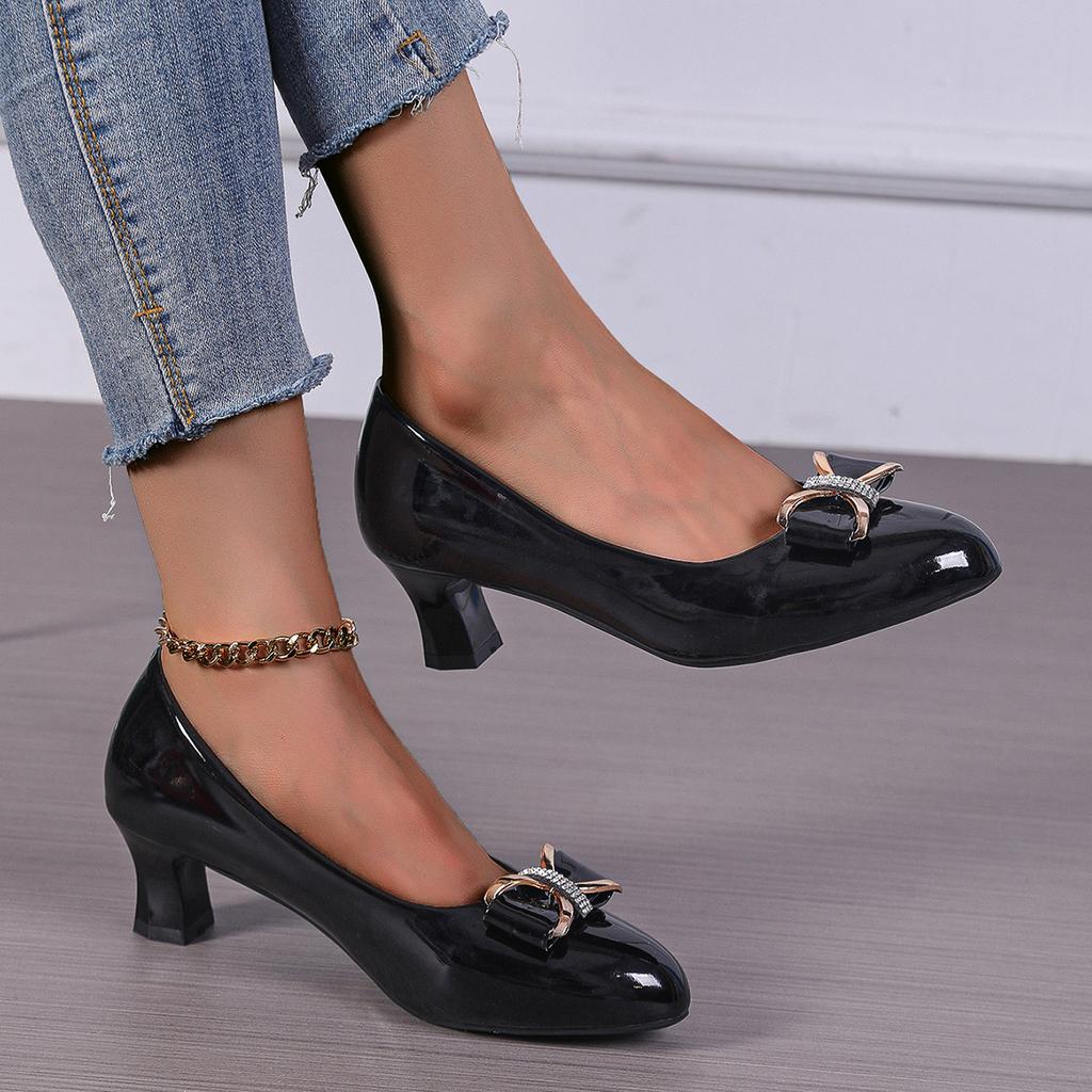 Spring and Autumn new bow high heels shallow single shoes pointed women's shoes casual thick heel work shoes