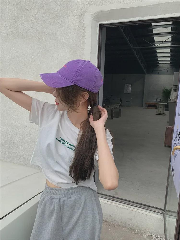 Koreanisches Locker sitzendes Kurzarm-Crop-Top mit Buchstabenaufdruck für Damen