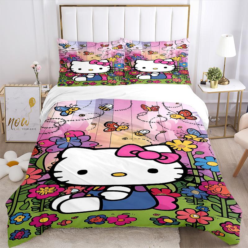 3pcs Flowers and Butterflies Hello Kitty Pattern Bedding Three-Piece Set (1 Cover + 2 Pillowcases, No Fillings), Soft and Comfortable S021