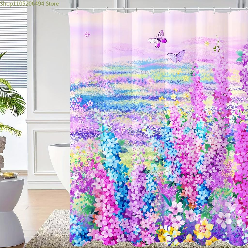 1pc Spring Pure Polyester Purple Flower Shower Curtain, Pure Polyester Fabric Shower Curtain with 12 Plastic Hooks, 182.88*182