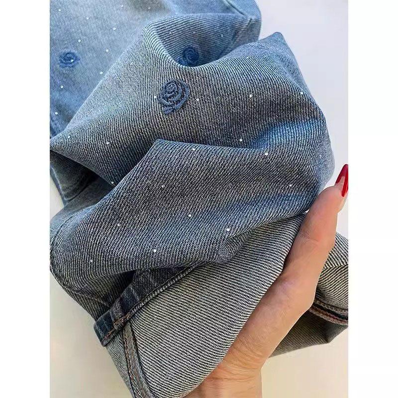 Women's Blue Rhinestone Embroidered Denim Wide-Leg Jeans - Plus Size, High Waist, Slimming, Casual, Versatile, Spring Collection.