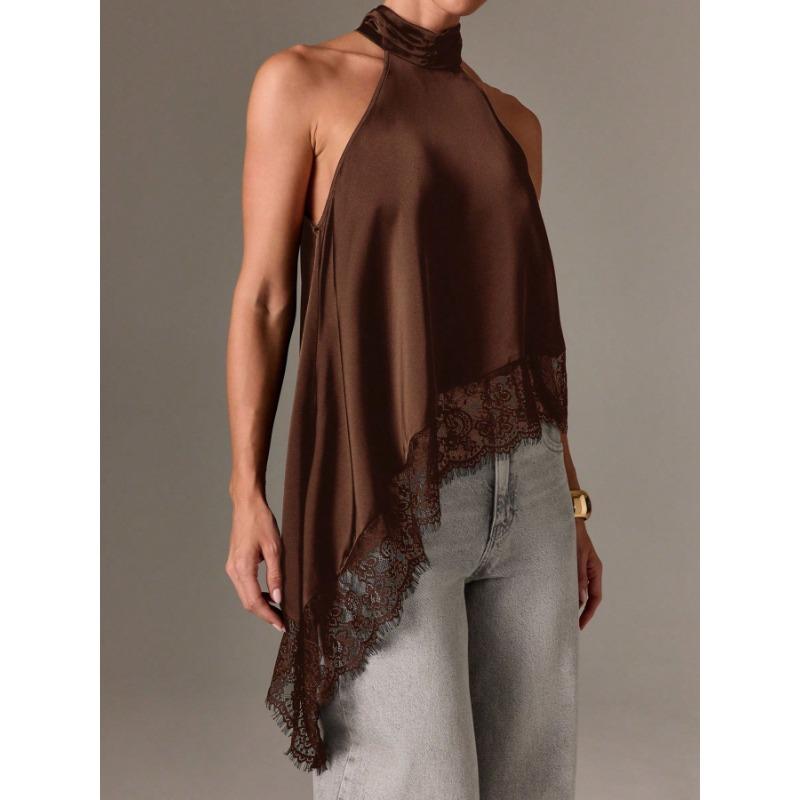 Summer New Women's Fashionable Sleeveless Satin Halter Neck Top with Lace Trim