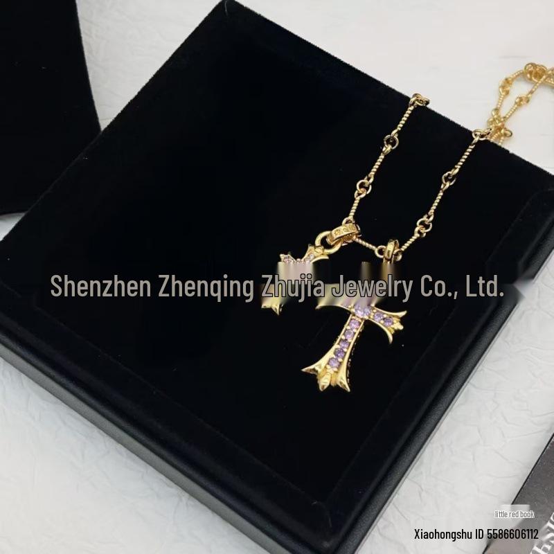 V Gold High Edition Double Cross Necklace with 18K Gold Plating & Multi-Color Diamond Pendant