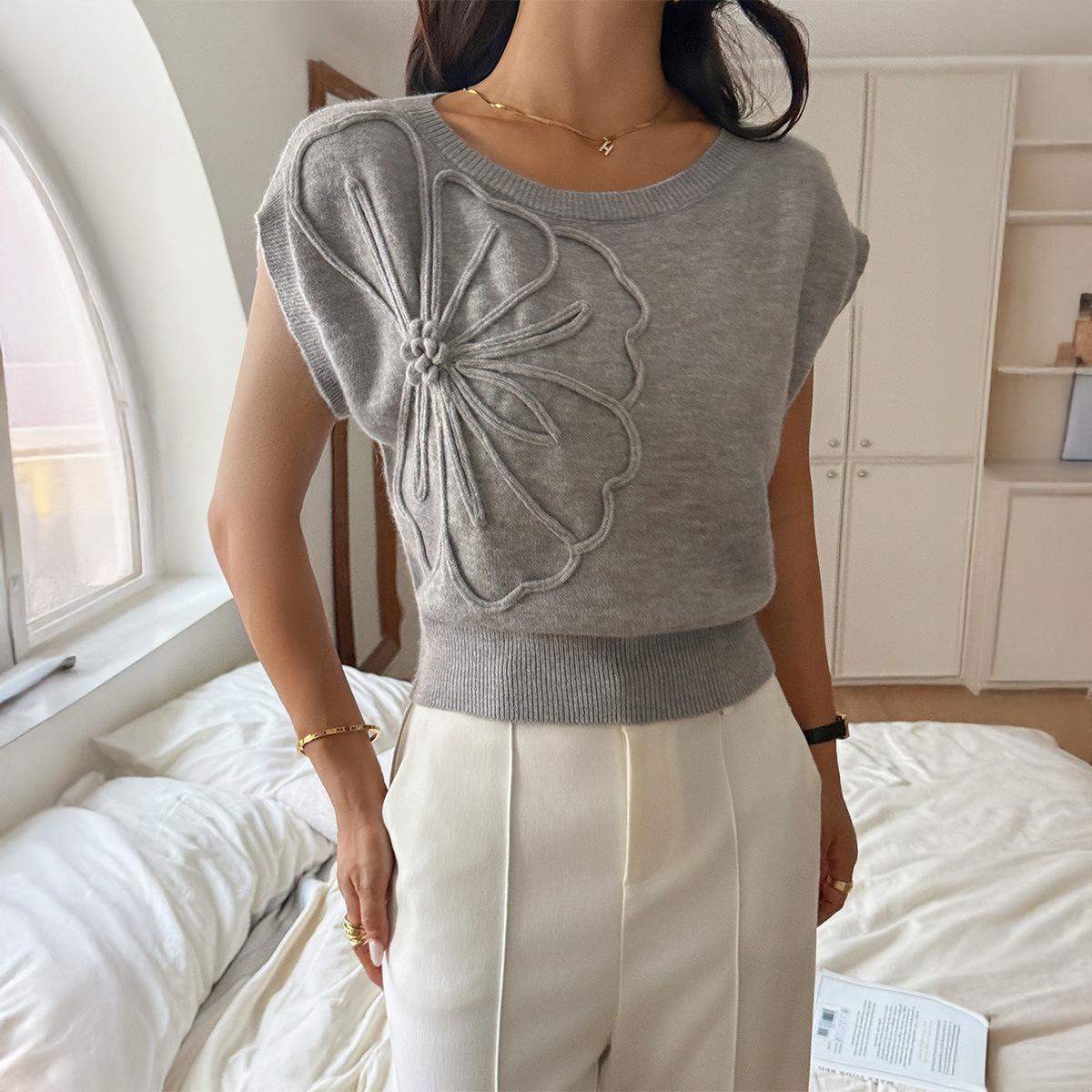 

High-end short-sleeved T-shirt for women wool woolen women s clothing 2025 autumn and winter S сірий