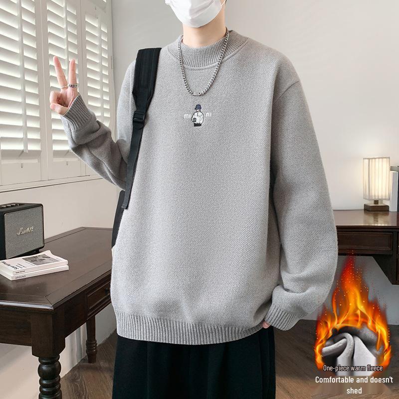 KM1023 Winter Plus Velvet High Neck Embroidered Men's Sweater - Thickened Base Layer Knitwear.