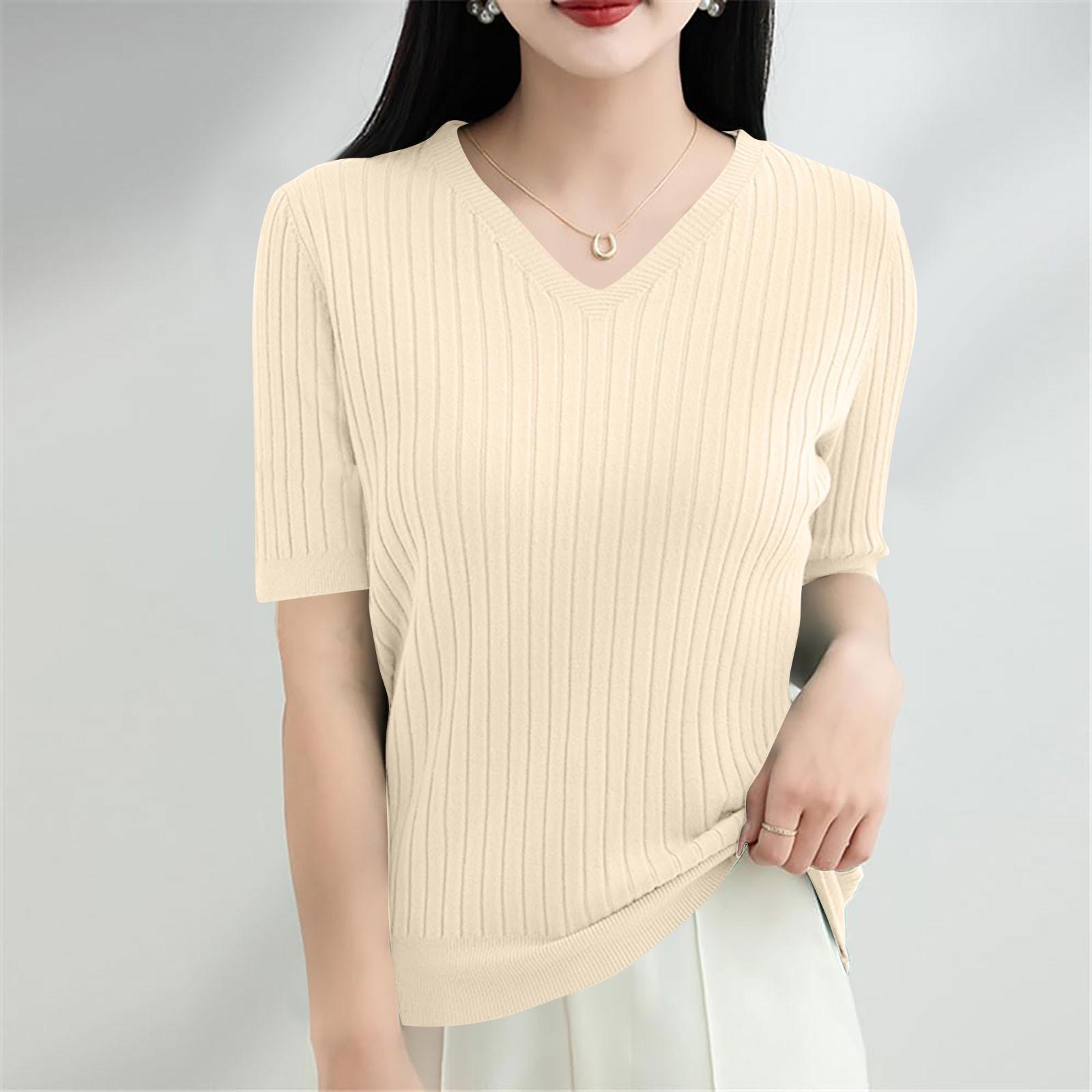

Женская мода свободный трикотажный свитер нижняя часть рубашки V-образный вырез пуловер короткий рукав однотонный топ XXL бежевый