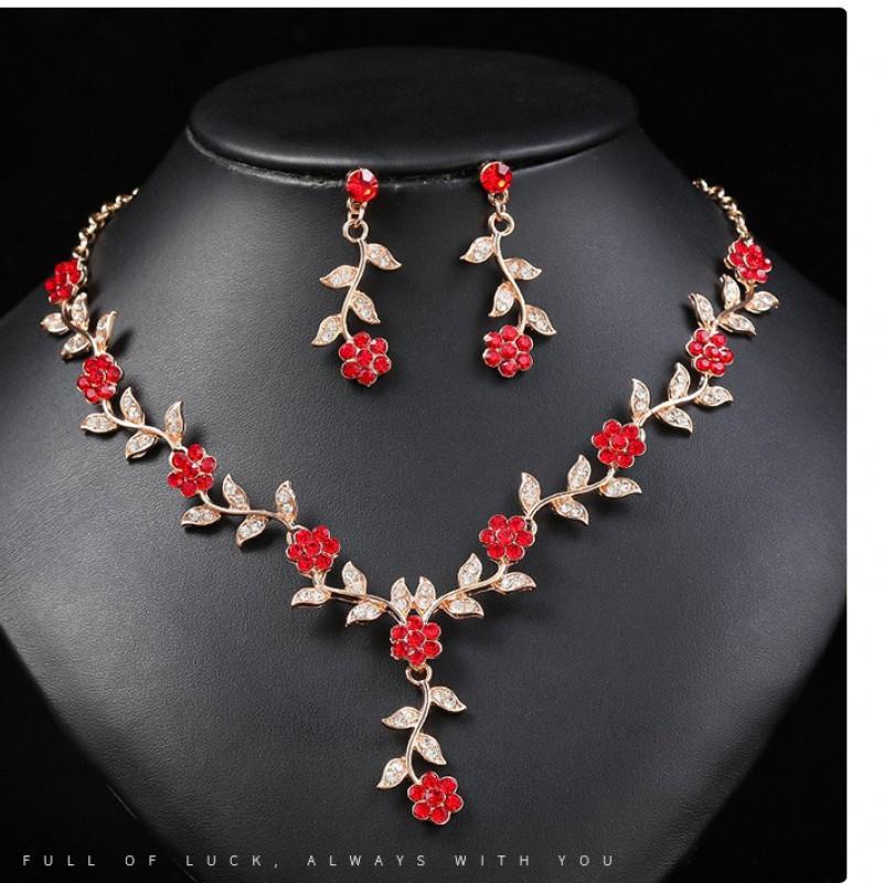 Floral Necklace Earrings Set Women - Gold Plated Alloy Jewelry With Rhinestone Accents Sweet Fashion Wedding Accessory
