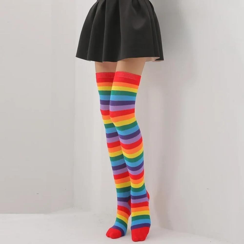 Femmes Filles Fantaisie Arc-en-Ciel Coloré Rayures Au-Dessus du Genou Chaussettes Longues Costume Cosplay Halloween Tricotées Extensibles Cuisse Haute