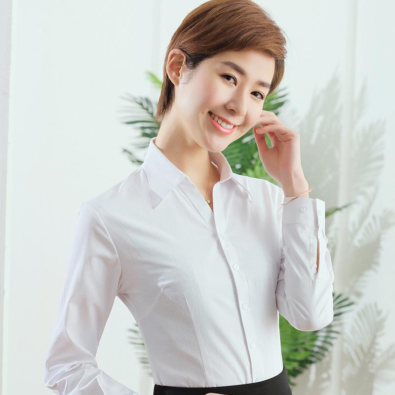 Women's 2025 Long-Sleeved White V-Neck Cotton Shirt - Slim Fit Professional Wear