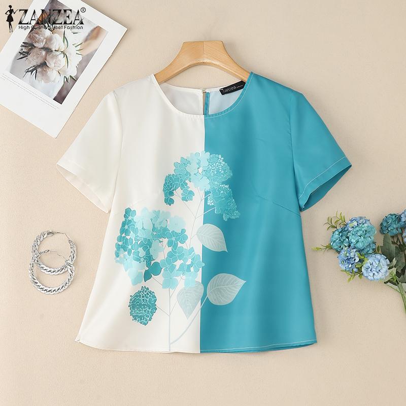 ZANZEA Women Casual Round Neck Short Sleeve Summer Floral Blouse